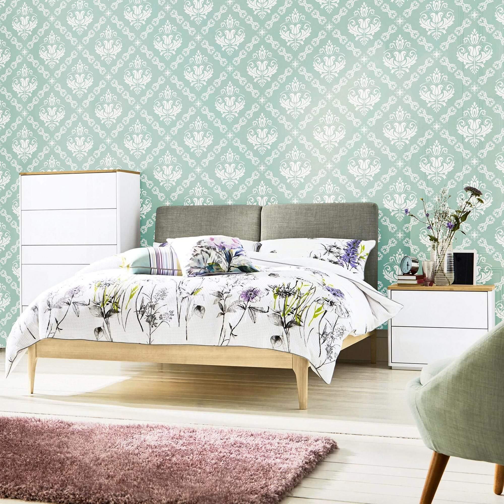 Duck Egg Blue Damask Peel and Stick Removable Wallpaper - Self-Adhesive Wall Covering for Bedroom, Living Room & Nursery Decor - Easy to Install & Remove