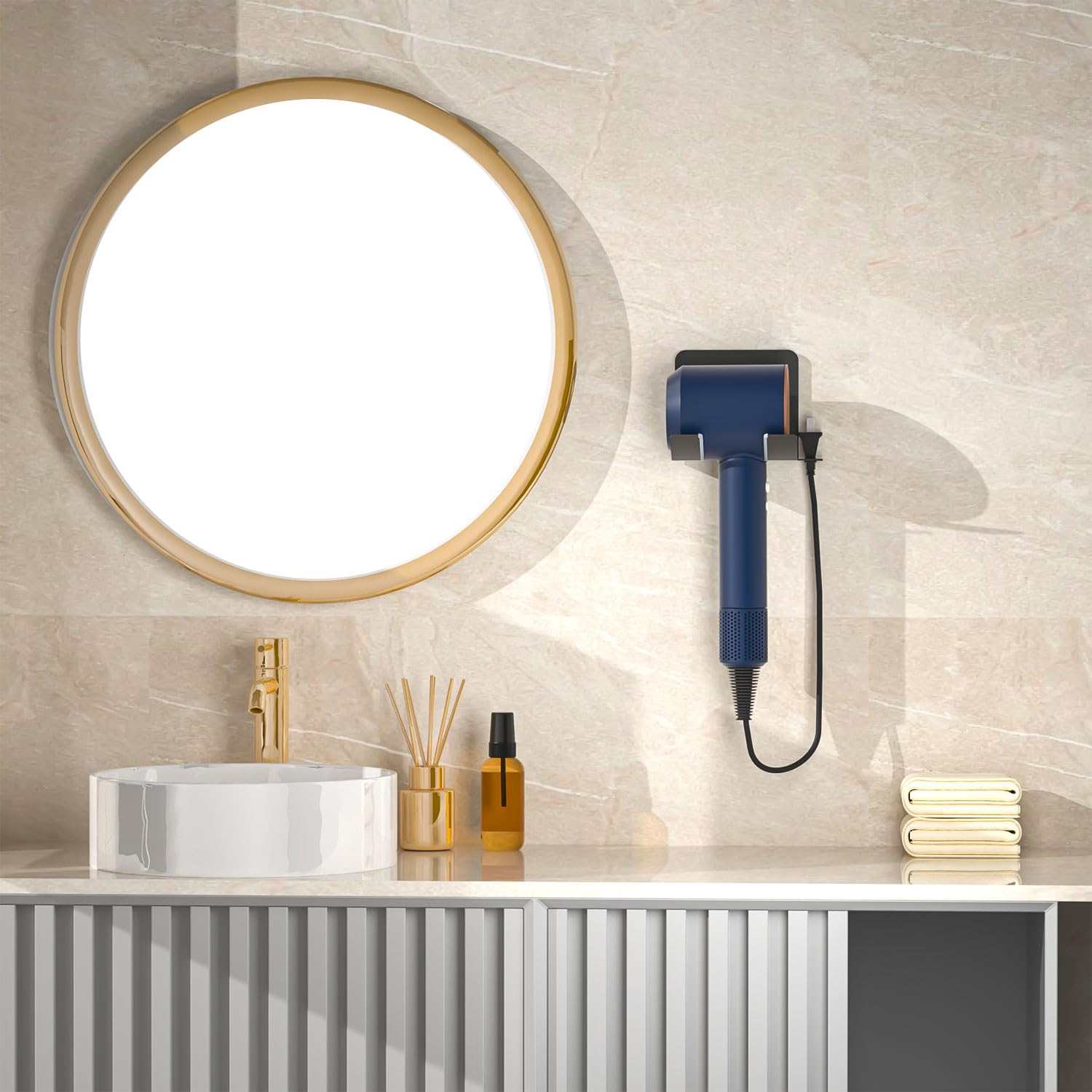 PTALSEAW Wall Mount Hair Dryer Holder - Self Adhesive Blow Dryer Organizer for Dyson & Other Hair Tools, Black Bathroom Cabinet Accessory - Perfect for Salon, Home & Travel Use