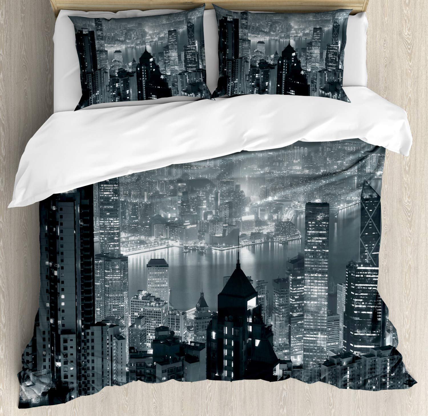Ambesonne City Duvet Cover Set - Hong Kong Skyline Panorama, Modern Urban Metropolis Design, 3-Piece Bedding Set with 2 Pillow Shams, California King Size, Grey - Perfect for Contemporary Bedroom Decor & City-Themed Home Styling