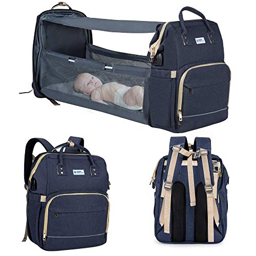 **MiggyAndHat 3-in-1 Diaper Bag Backpack with Changing Station & Travel Bassinet – Large Capacity, Foldable, Portable for Baby Boys & Girls – Includes USB Port & Sunshade – Perfect for Travel, Stroller, and On-the-Go Parenting**