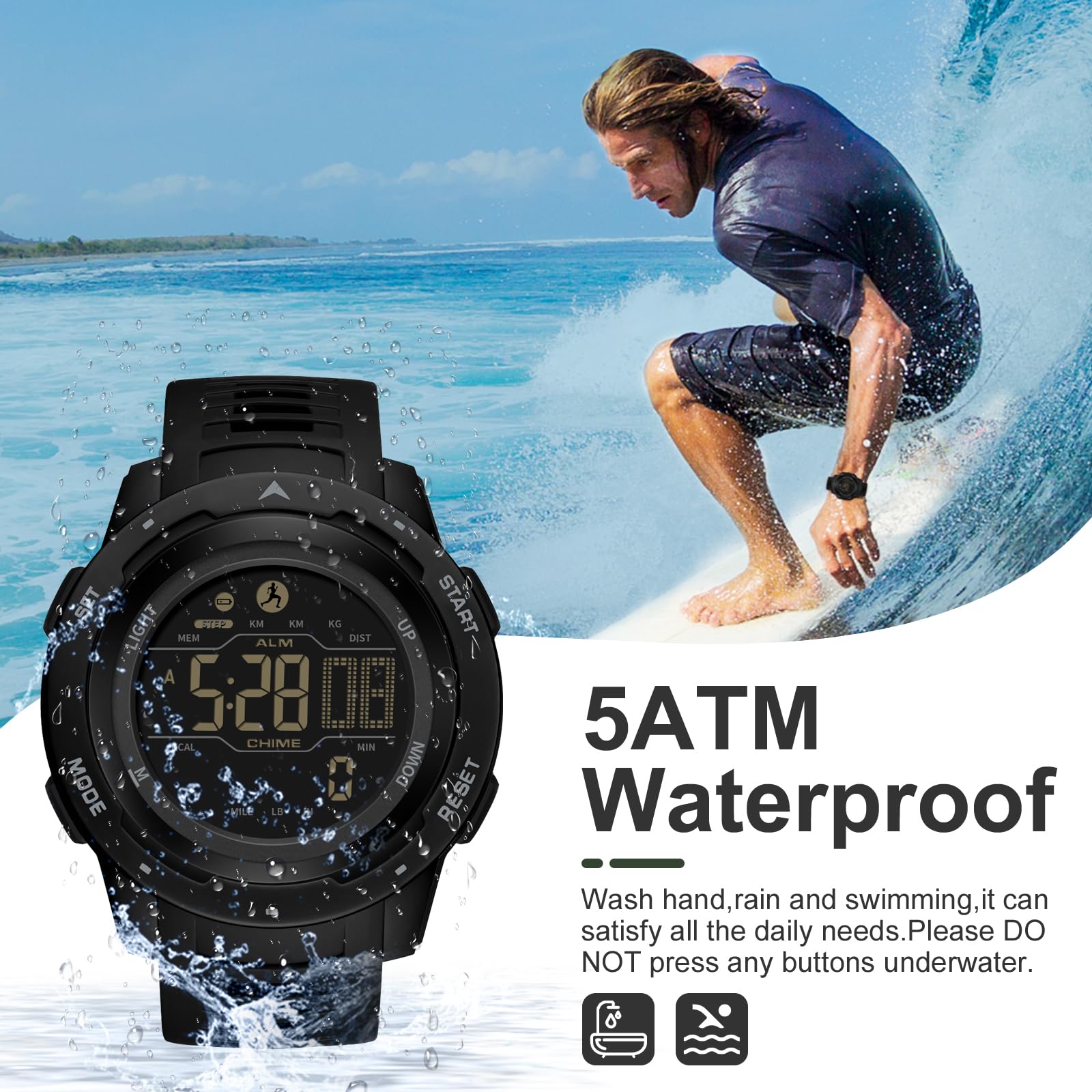 Findtime Men's Digital Sports Watch - Waterproof Pedometer with Step Counter, Calorie Tracker, Military Design, Stopwatch, Alarm, LED Backlight & Countdown Timer - Perfect for Running, Gym Workouts & Outdoor Activities