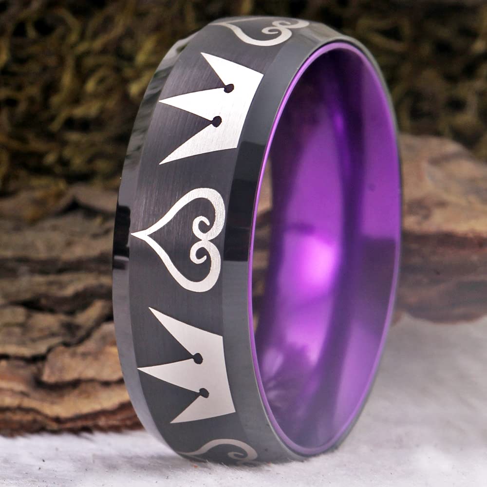 Kingdom Hearts & Crowns Design Cosplay Ring - 8mm Wide Red & Black Tungsten Wedding Band with Matte Finish & Beveled Edges - Free Custom Engraving - Perfect for Cosplay, Anime Conventions, and Gothic Weddings