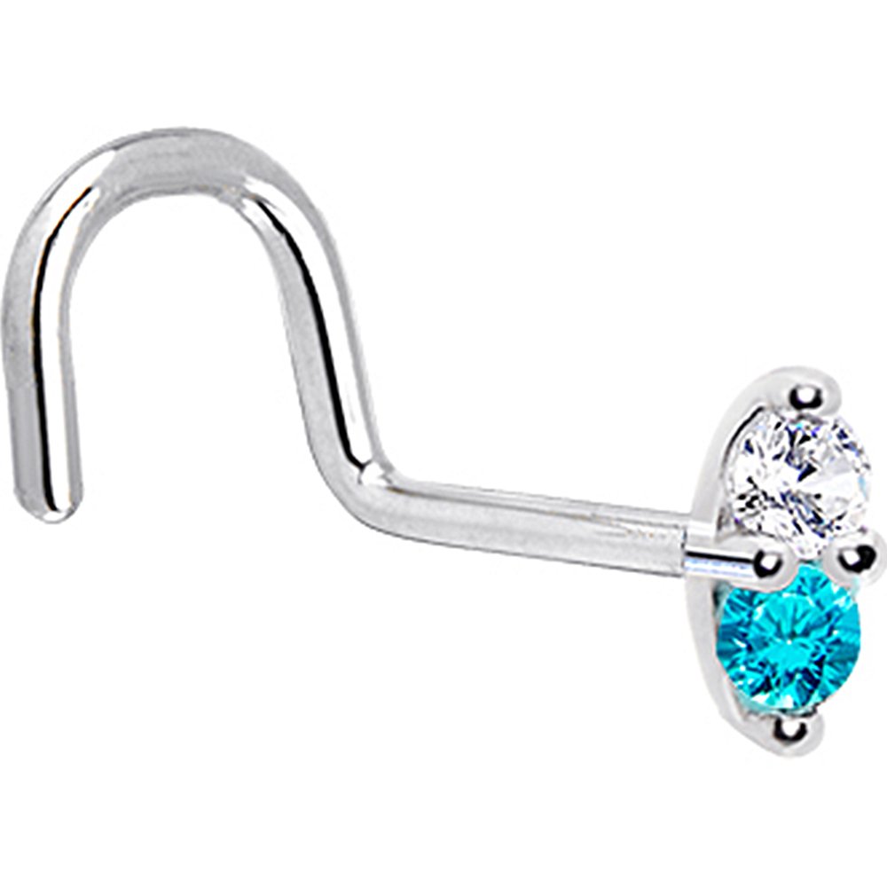 14k White Gold Clear Mint Green 1.5mm CZ Marquise Right Nose Stud Screw - 20 Gauge 1/4