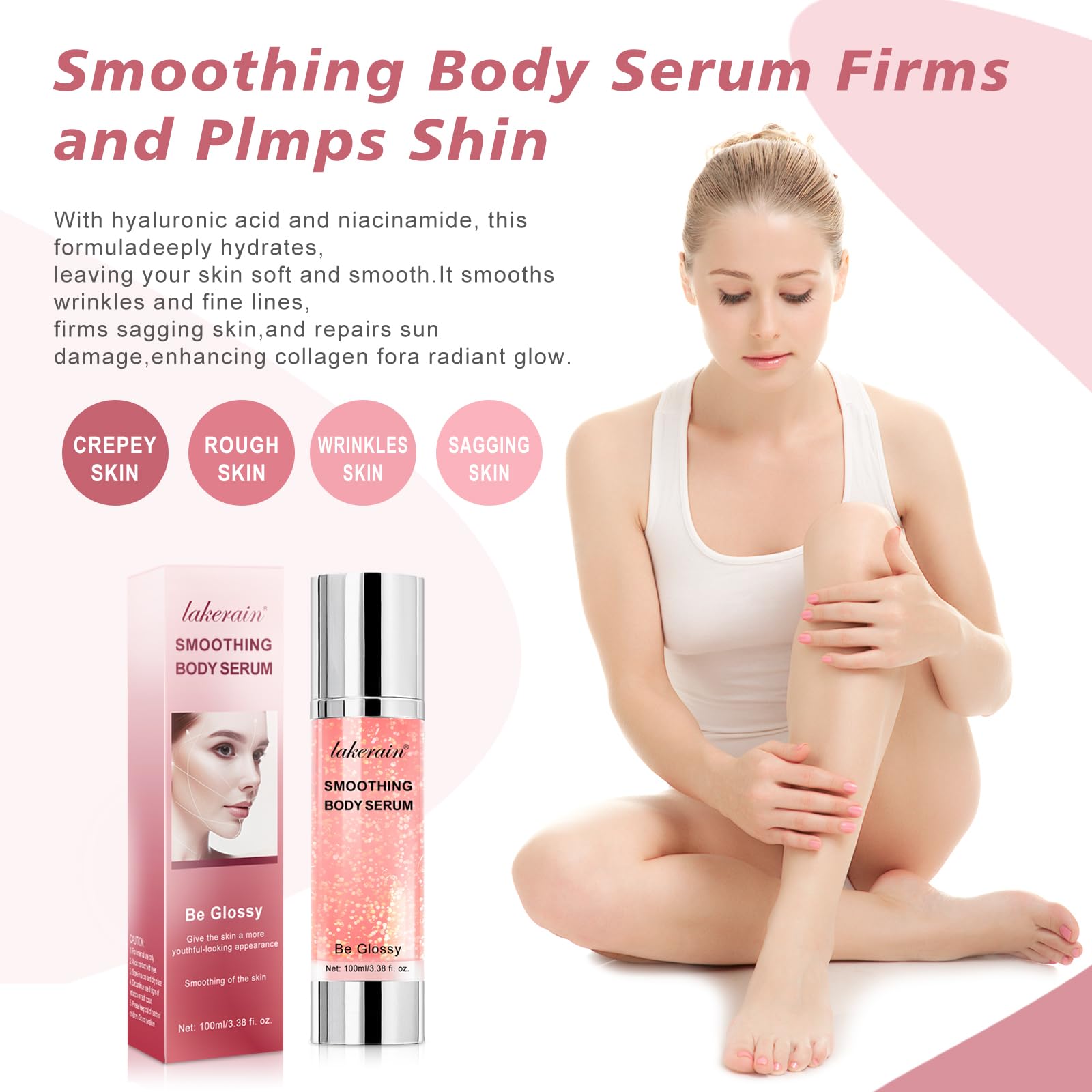 B Glossy Anti-Aging Body Serum with Hyaluronic Acid & Vitamin E - Wrinkle Reduction, Skin Tightening & Hydration Treatment - 100ml/3.38 Fl Oz for Smooth, Firm & Youthful Skin - Perfect for Daily Skincare Routine & Nighttime Rejuvenation