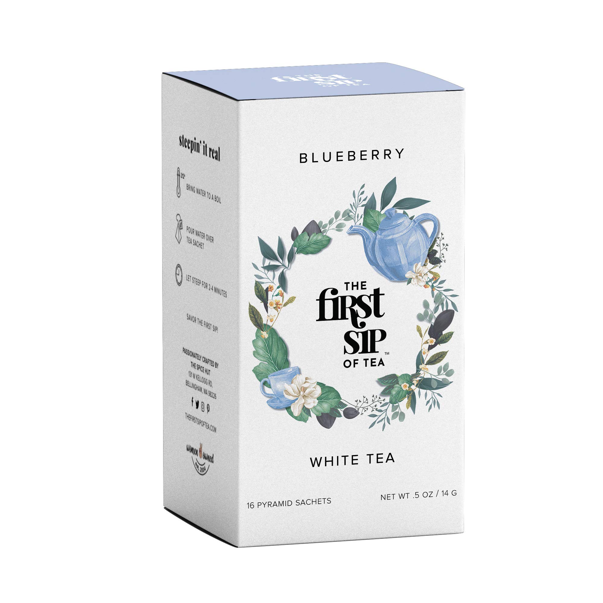 Premium Blueberry White Tea Bags - Bai Mu Dan Low Caffeine Antioxidant Pyramid Sachets (16 Cups) | Hot & Iced Tea for Relaxation, Afternoon Tea & Healthy Lifestyle - The Spice Hut First Sip Collection