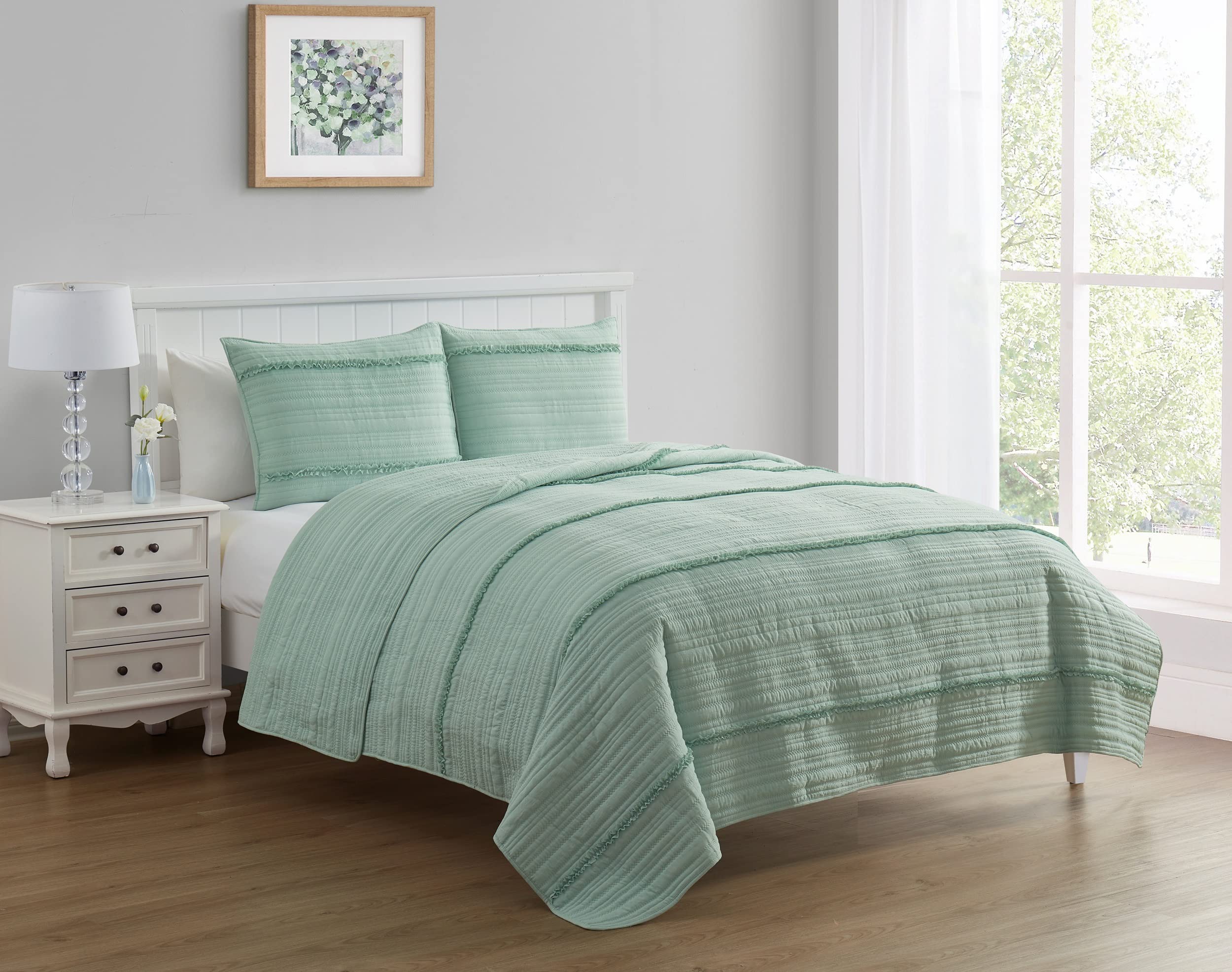 Blissful Living Luxury Ruffle Quilt Set with Shams - Ultra Soft Lightweight Bedding for All Seasons | Twin, Full/Queen & King Size Options (Silt Green) | Perfect for Master Bedrooms, Guest Rooms & Cozy Home Decor
