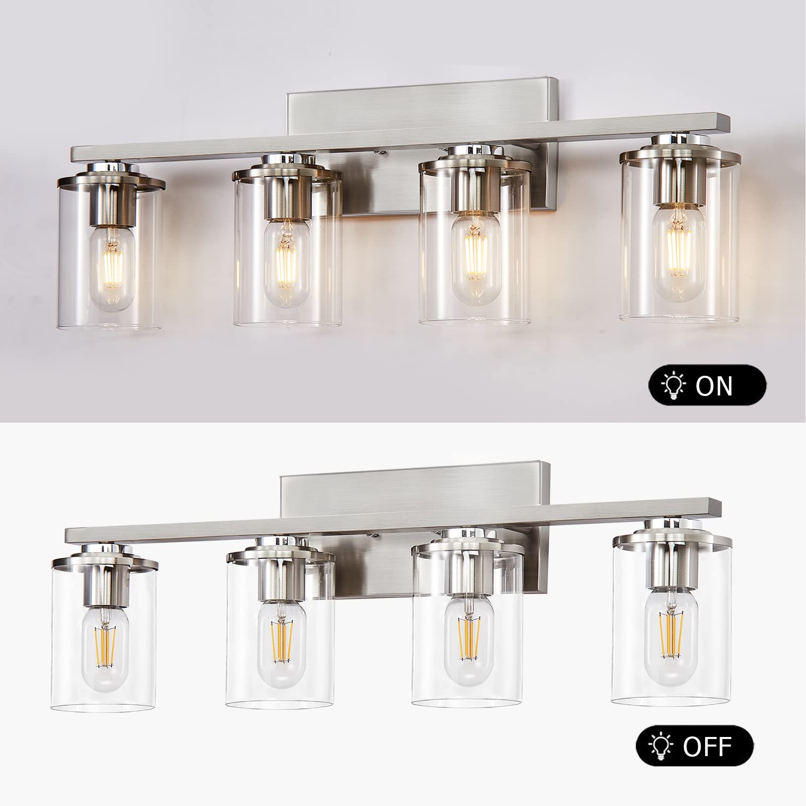 SADENICEL 4-Light Brushed Nickel Bathroom Vanity Lights with Clear Glass Shades - Elegant Wall Sconces for Bathroom Mirror Lighting, Perfect for Modern Home Decor and Spa-Like Ambiance