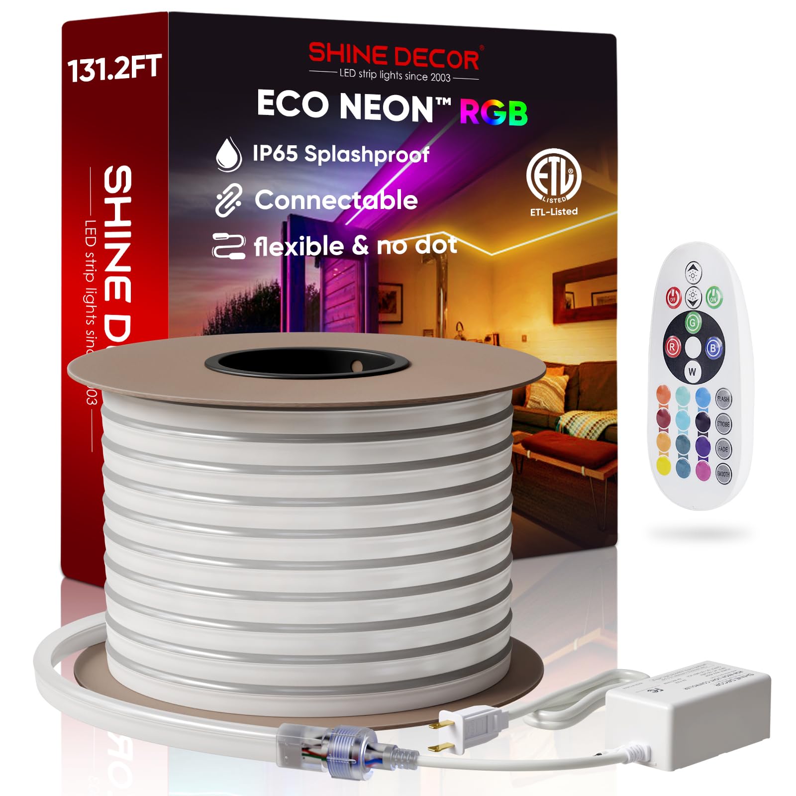 Shine Decor LED RGB Neon Rope Lights 131.2FT - Dimmable Color Changing Strip Lighting with Remote Control, Expandable & Cuttable Design, ETL Certified & IP65 Waterproof for Indoor/Outdoor Use - Perfect for Bedroom, Party, Wedding, and Holiday Decorations