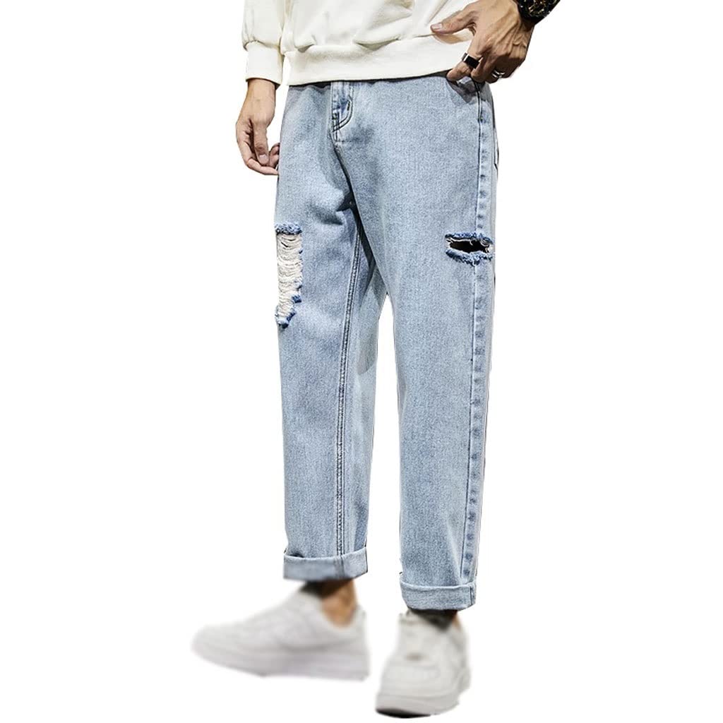 MMLLZEL Men's Hip Hop Baggy Jeans - Light Blue Ripped Denim Pants, Loose Streetwear Casual Trousers, Ankle Length (Size 29) | Urban Fashion, Street Style & Hip Hop Outfits | Perfect for Concerts, Parties and Everyday Streetwear Looks