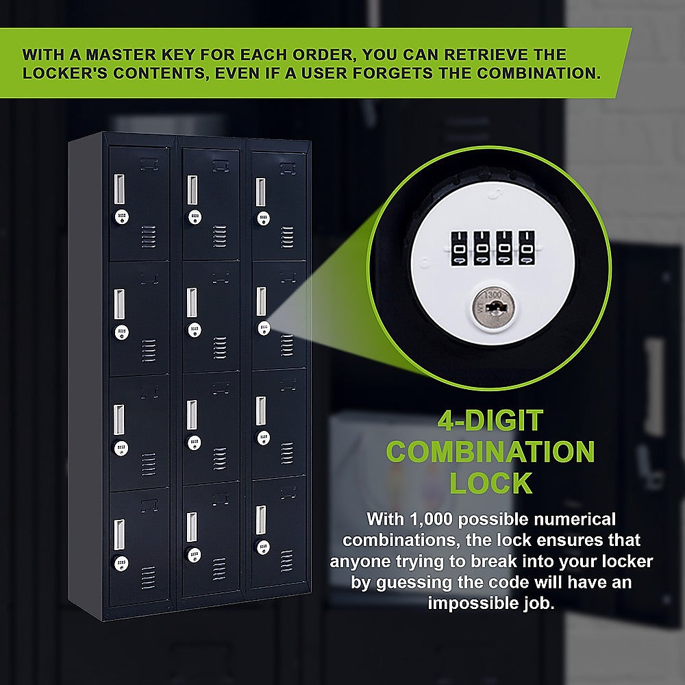 12-Door Locker with 4-Digit Combination Lock - Secure Storage for Office, Gym, Shed, School & Home | Perfect for Personal Belongings, Equipment & Valuables