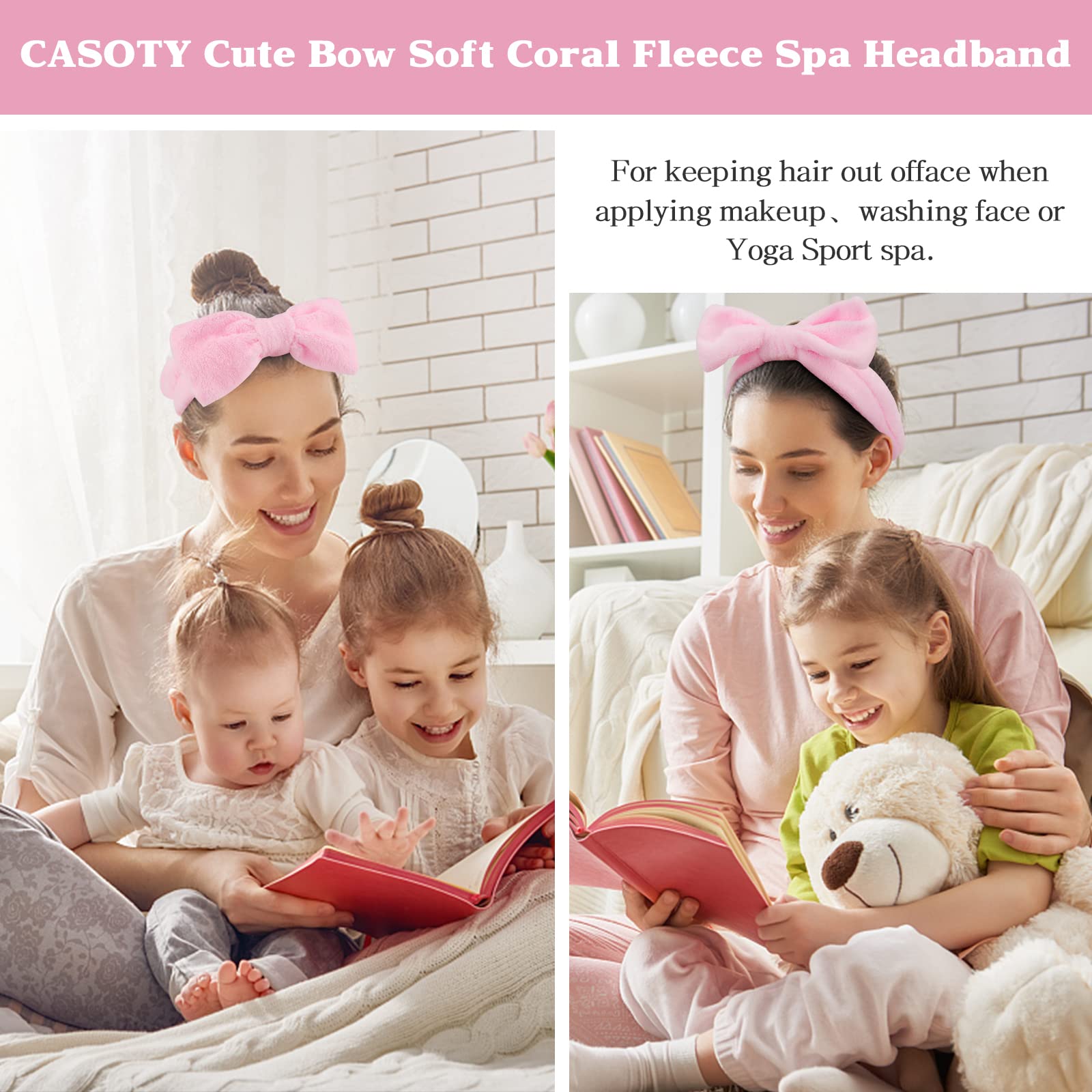 Casoty 6-Pack Pink Spa Headbands for Women - Soft Fleece Hair Bands for Face Washing, Skincare, Makeup & Yoga - Gentle Non-Slip Hair Accessories for Bath, Salon & Home Spa Days