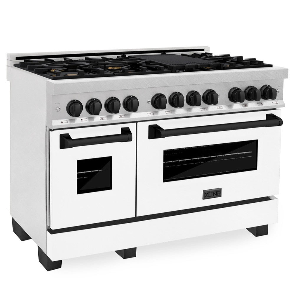 ZLINE Autograph Edition 48-inch Dual Fuel Range - 6.0 cu. ft. Capacity, 7-Burner Gas Cooktop & 2 Electric Ovens - Satin Stainless Steel with White Matte Doors & Matte Black Accents (RASZ WM 48 MB) - Perfect for Gourmet Kitchens & Professional Home Chefs