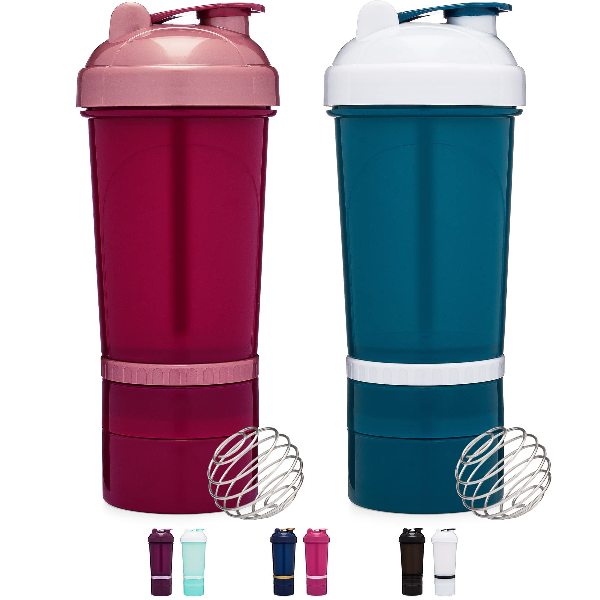 2 Pack 20oz Protein Shaker Bottle with Storage Compartment & Wire Whisk Ball - Maroon/Rose & Teal - Perfect for Gym, Workout & Supplement Storage | Portable Drink Mixer for Protein Powder, Pre-Workout & Smoothies