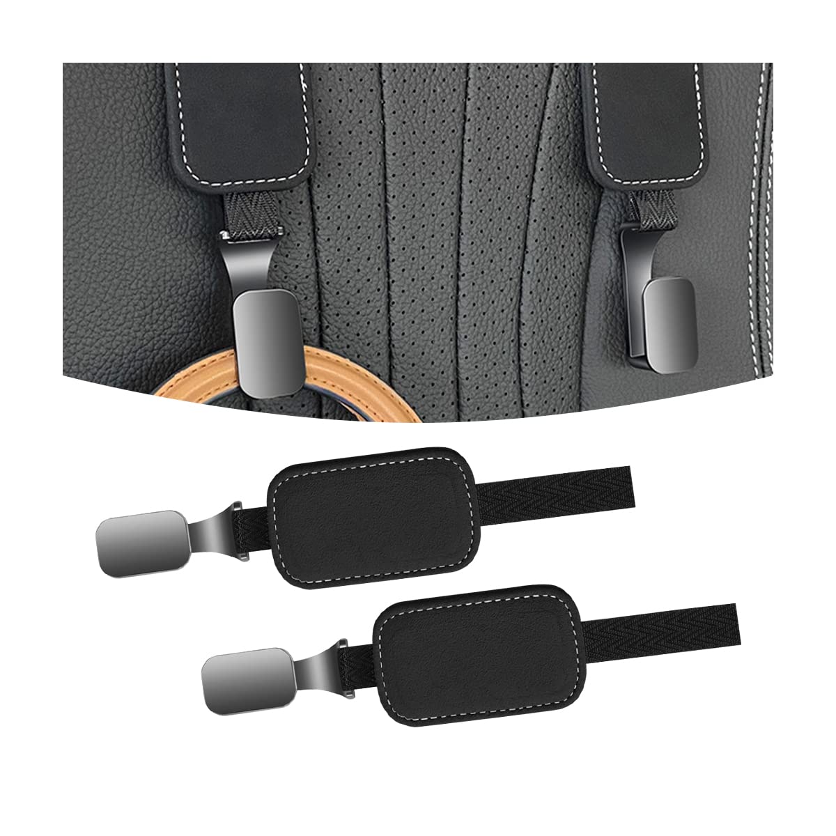 AUCELI 2 Pack Car Seat Headrest Hooks - Suede Storage Organizer with Metal Hanger for Vehicle Backseat | Perfect for Hanging Grocery Bags, Purses & Shopping Items | Durable Auto Interior Accessories (Black)
