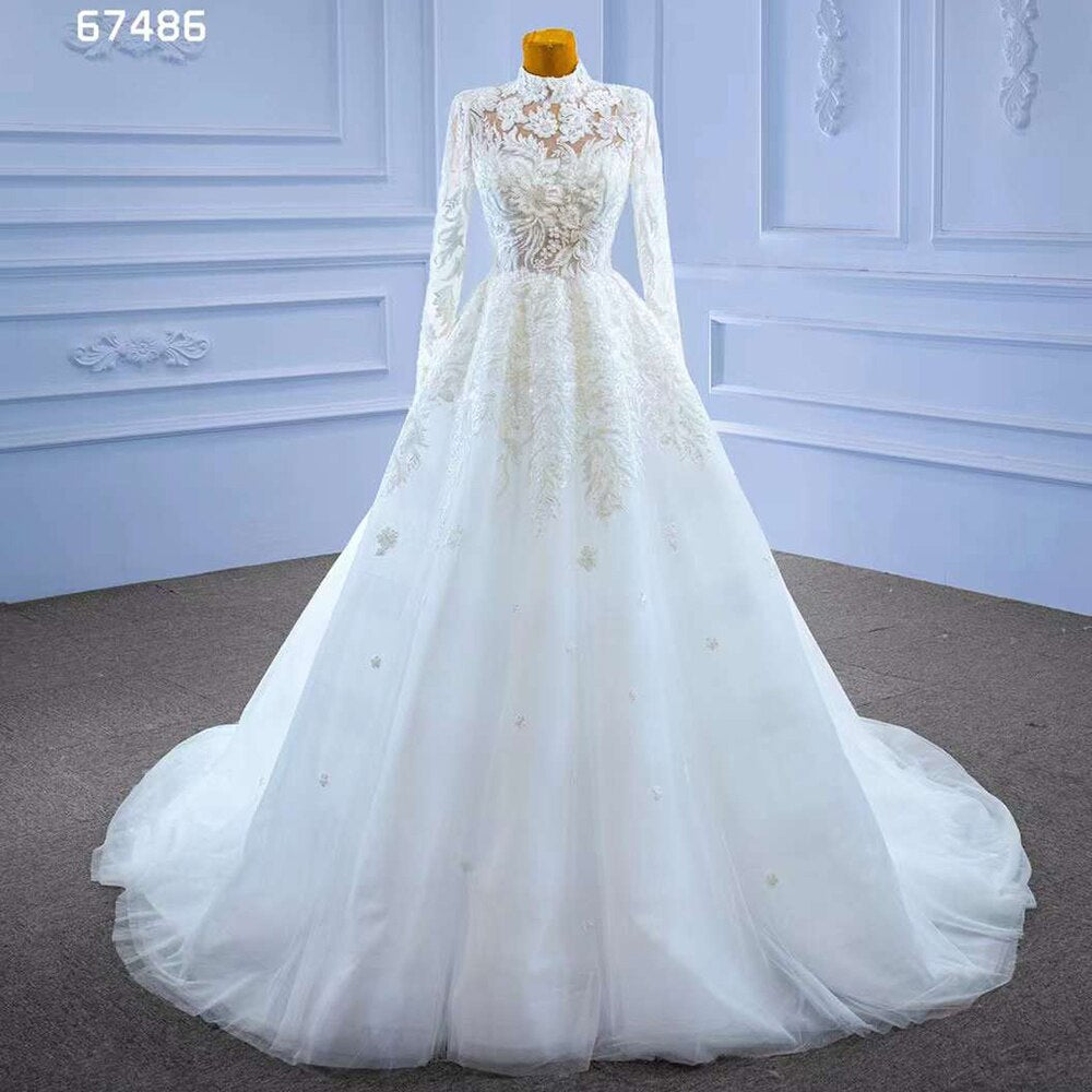 Serene Hill White Luxury Lace Beaded High Neck Long Sleeve Wedding Dress 2025 - Custom Made Bridal Gown HM67486 for Elegant Ceremonies & Formal Events