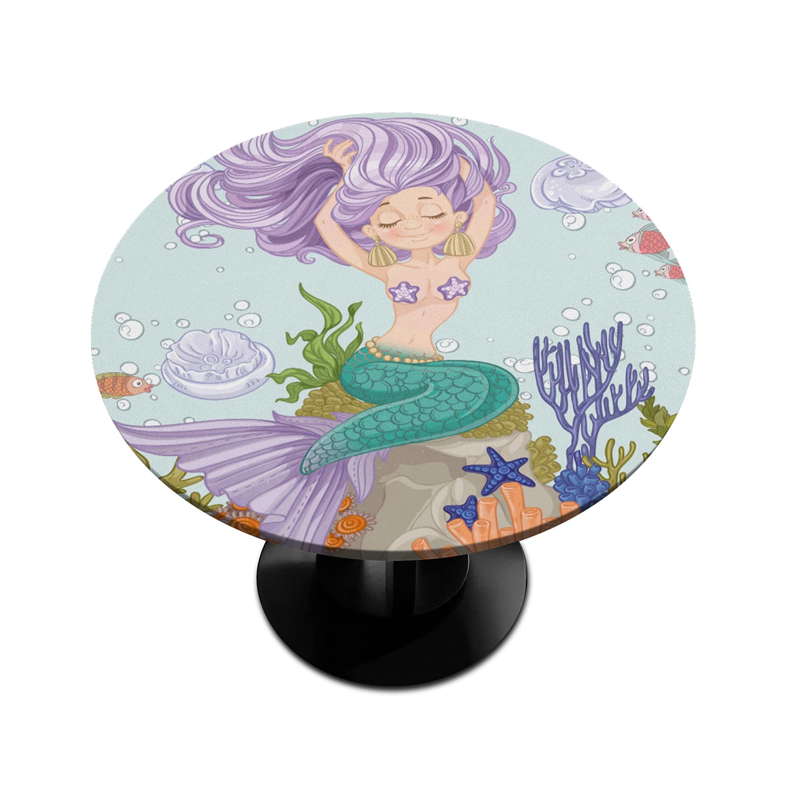 Waterproof Elastic Round Tablecloth - Mermaid Jellyfish Coral Design, Wipeable Fitted Table Cover for Indoor Dining & Outdoor Patio (Fits 45