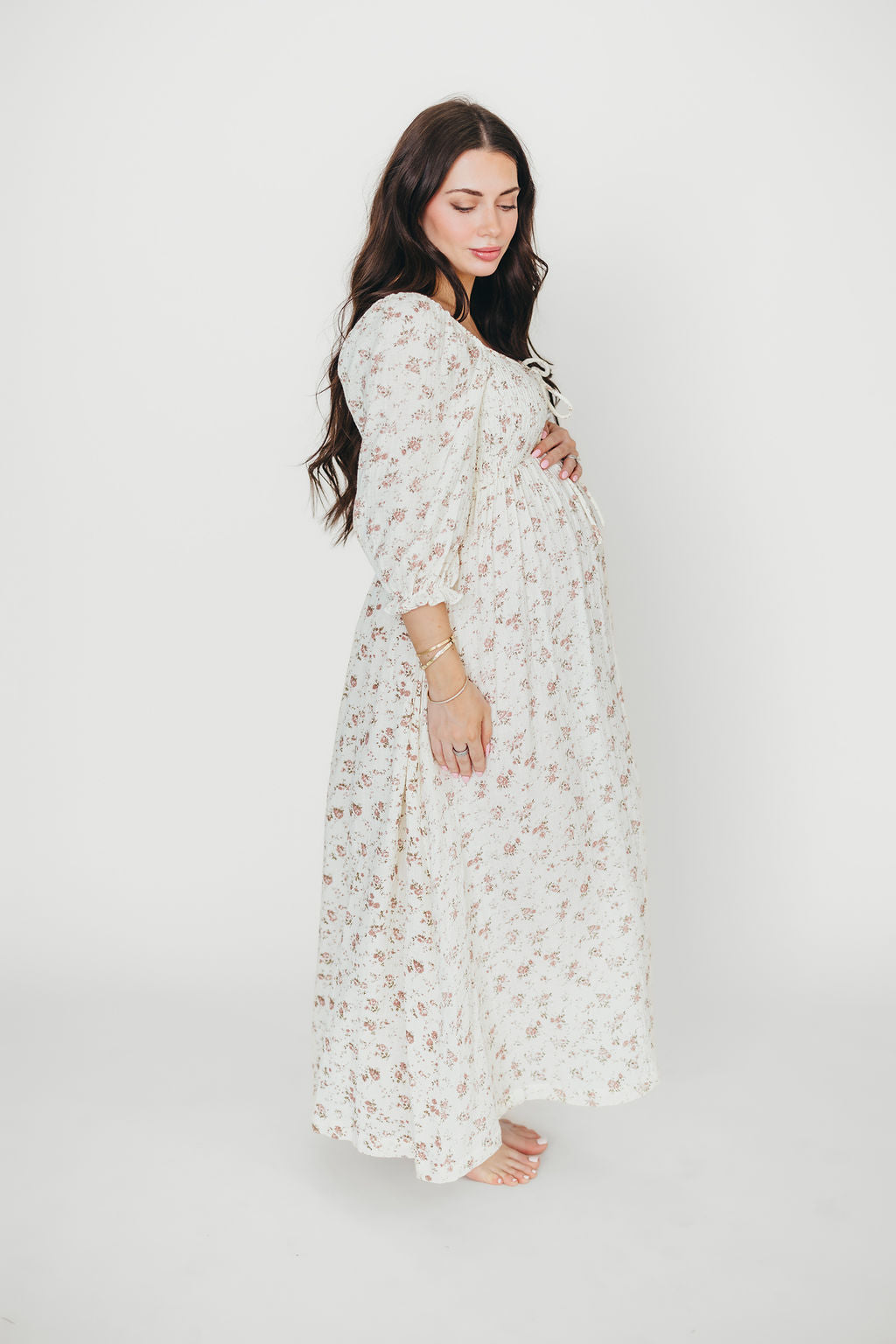 100% Cotton Smocked Maxi Dress for Women - Ivory/Mauve Floral Print | Bump Friendly Maternity Dress | Perfect for Summer, Beach Vacations & Special Occasions