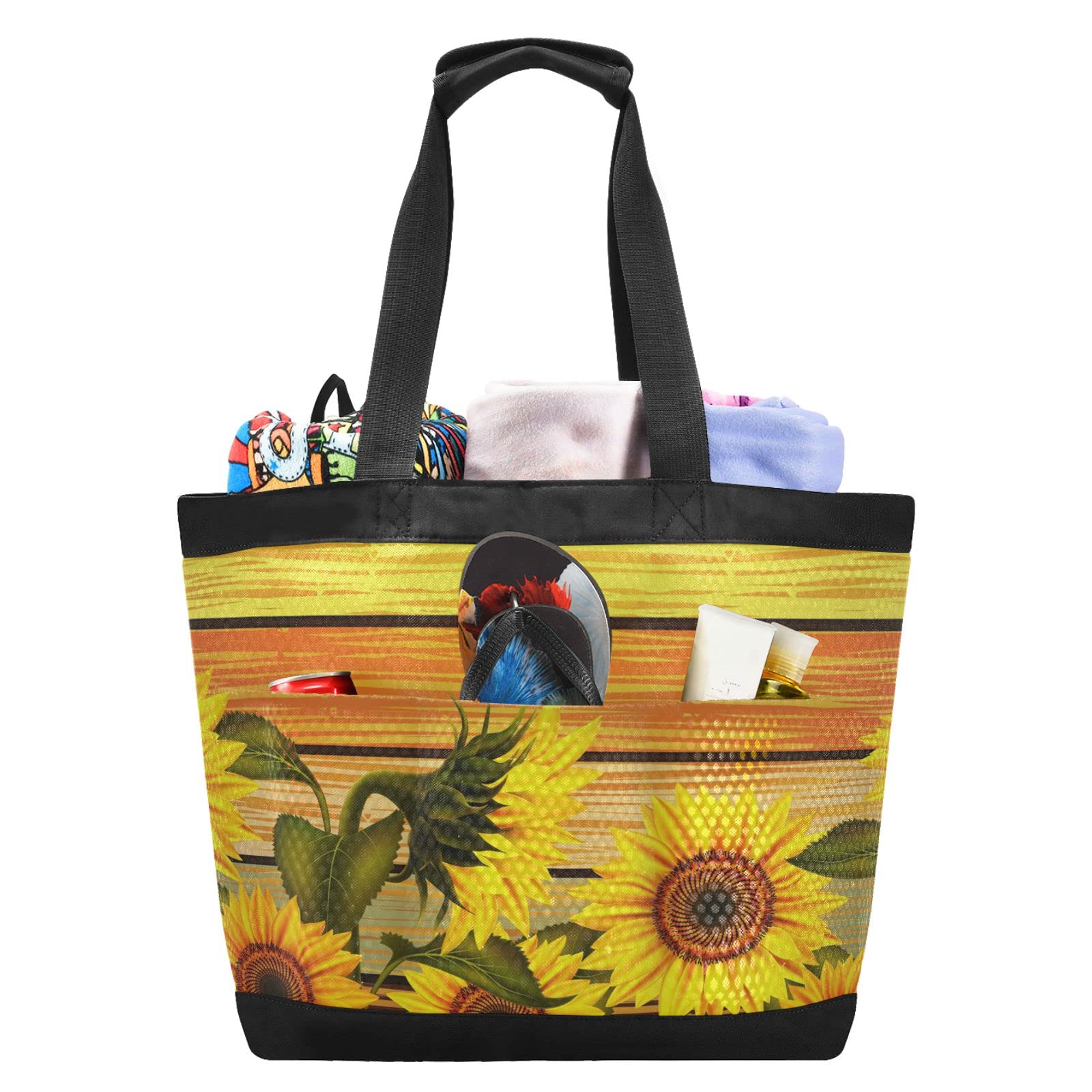 Sunflower Print Waterproof Large Wooden Beach Bag - Colorful Mesh Tote for Travel, Pool, Gym & Yoga | Durable & Stylish for Summer Outings, Beach Trips, and Sports Activities