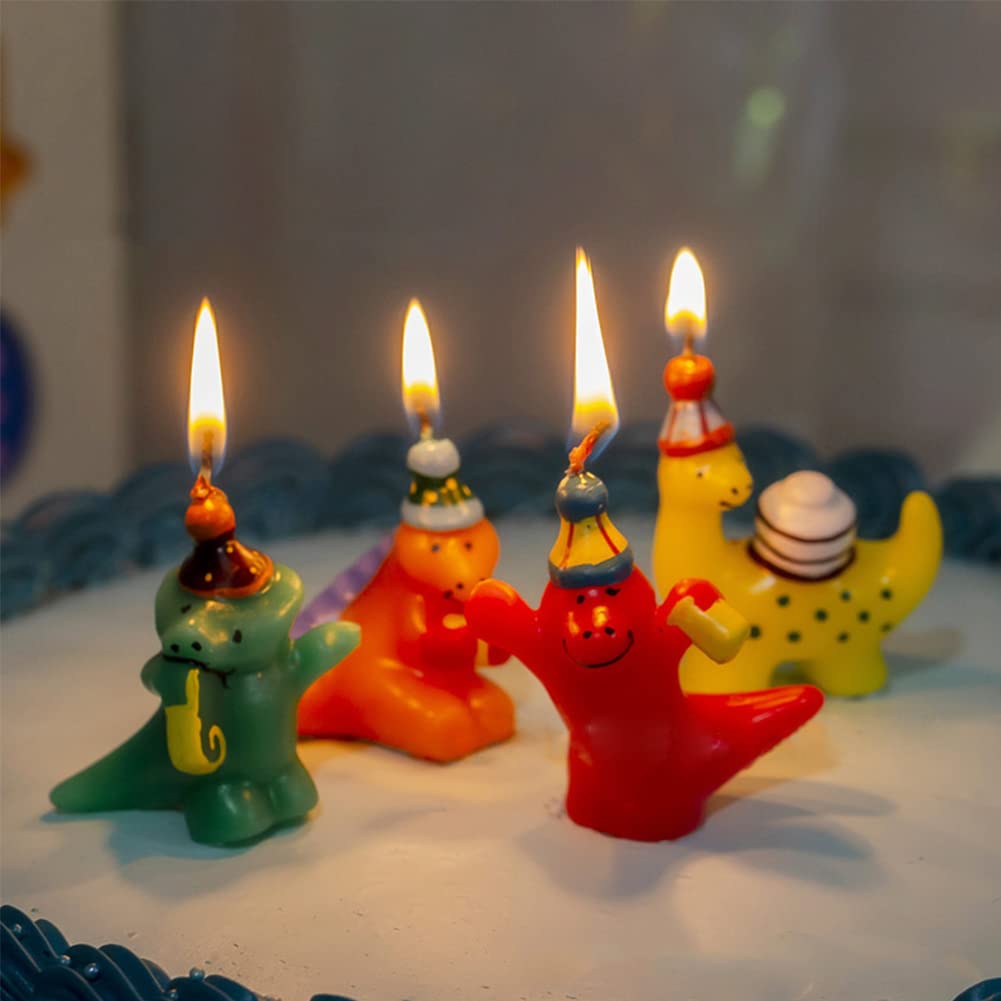 Dinosaur Birthday Cake Candles - 3D Dino Themed Cake Toppers for Kids Birthday Party Decorations (Set of 4) | Perfect for Jurassic Theme Cakes, Dino Parties & Prehistoric Celebrations