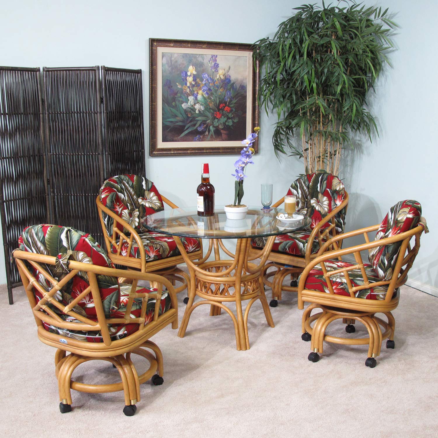 Premium USA-Made Rattan Dining Set with Swivel Chairs & Casters - 5-Piece Outdoor/Indoor Patio Furniture (#2406H-BOPB) for Garden, Poolside & Backyard Entertaining