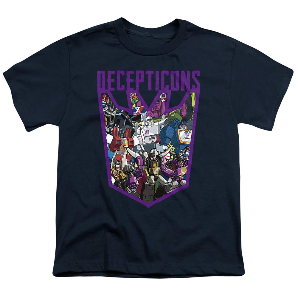 PopFunk Classic Transformers Decepticon Graphic T-Shirt for Boys & Girls - Unisex Short Sleeve Tee with Stickers (Large, Navy) - Perfect for Cosplay, School, and Everyday Wear