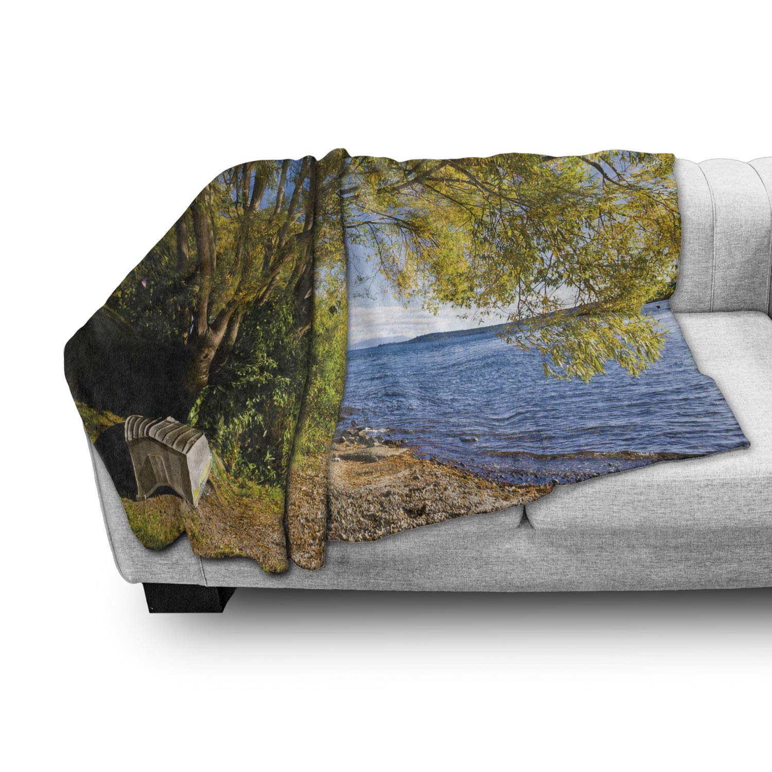 Ambesonne Nature Throw Blanket - Small Boat Under Tree by Lake North Island New Zealand Scenic Design | Soft Flannel Fleece Accent Blanket for Couch, Bed & Sofa | 60
