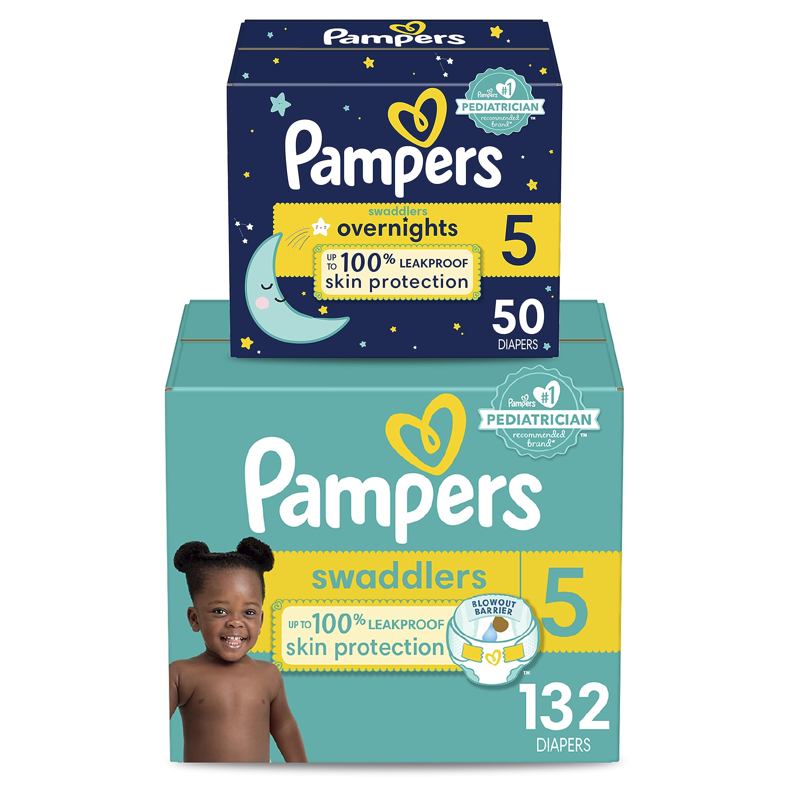 Pampers Swaddlers Size 5 Disposable Diapers - 132 Daytime + 50 Overnight Diapers | Ultra Absorbent Baby Diapers for Overnight Protection & Leak Prevention | Perfect for Active Babies & Nighttime Use