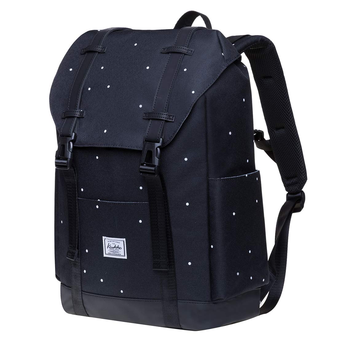 Vintage Casual Polyester and Leather Rucksack Backpack for Men & Women - Durable Nylon Black Dot Design - Perfect for Travel, Hiking, and Everyday Use