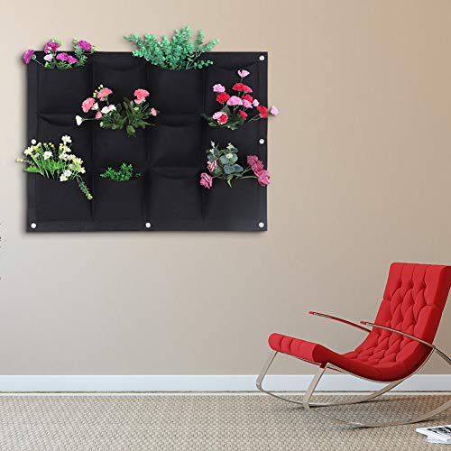 Yosoo 12-Pocket Vertical Hanging Garden Grow Bag - Biodegradable Wall Planter for Herbs, Flowers & Vegetables | Indoor/Outdoor Gardening Solution (Black)