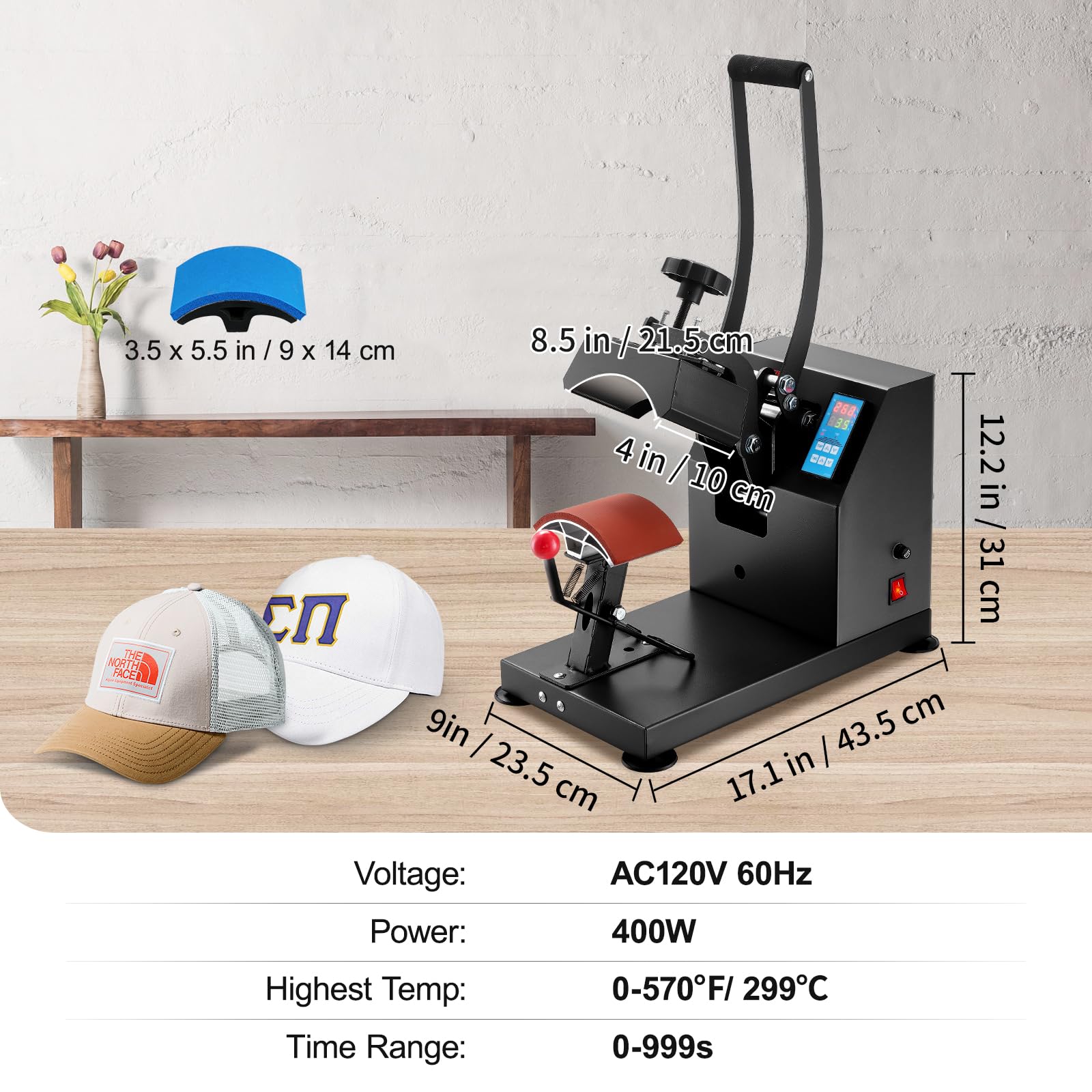 VEVOR 3.5x5.9 Inch Digital Cap Heat Press Machine - Professional Hat Transfer Press with LCD Timer & Temperature Control, 350W, 12000 Hours Lifespan - Perfect for Custom Hats, T-Shirts & DIY Crafts