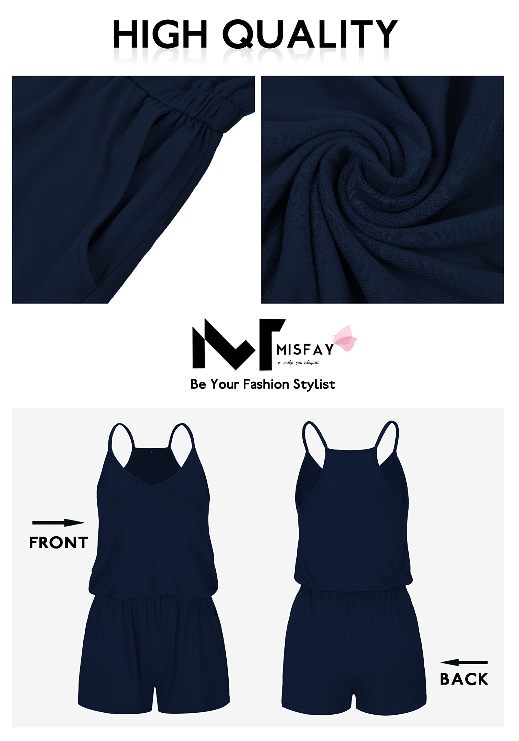 MISFAY Women's Summer Loose V-Neck Spaghetti Strap Short Jumpsuit Romper - Casual Beachwear, Vacation Outfit, Party Dress for Women