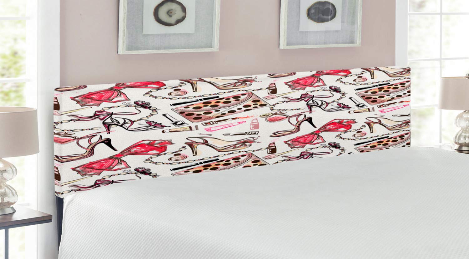 Ambesonne Fashion Headboard - Feminine Shoes Lipstick Perfume Beauty Pattern Design, Upholstered Decorative Metal Bed Headboard with Memory Foam, King Size, Black Pink Tan - Perfect for Bedroom Decor, Guest Room, Master Suite & Luxury Hotel Styling