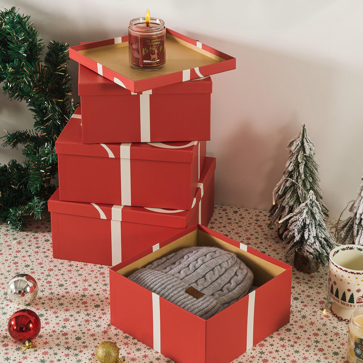 Soul & Lane Christmas Square Decorative Gift Boxes with Lids - Set of 4 Reusable Nesting Holiday Storage Containers in Festive Red | Perfect for Present Wrapping, Home Décor, Party Favors and Seasonal Organization