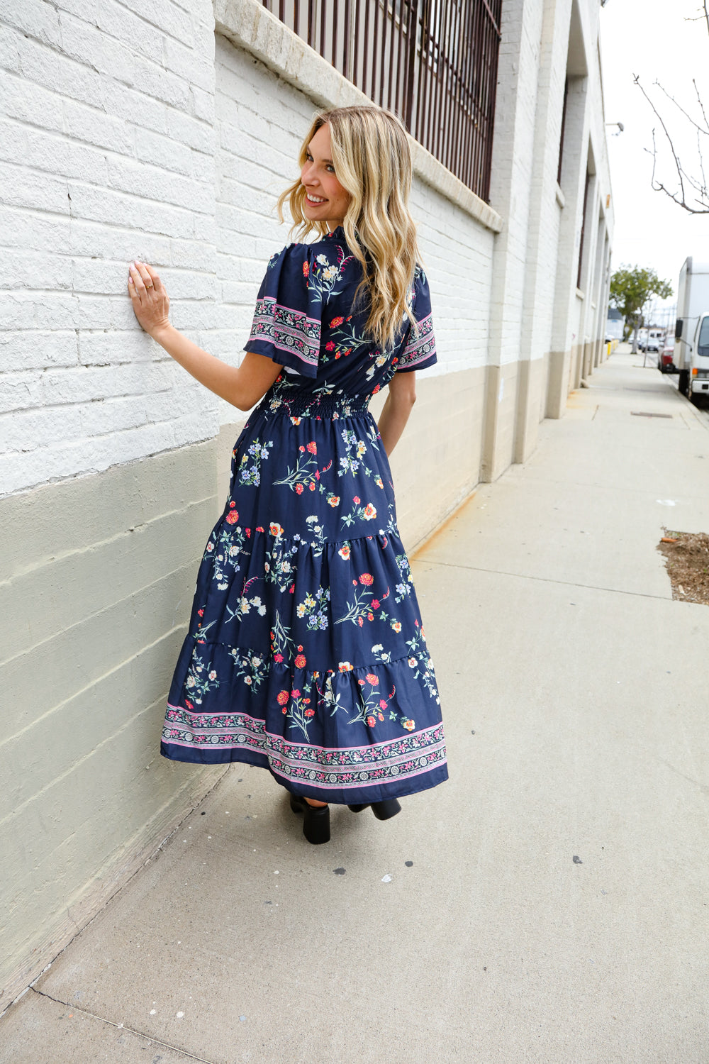 Boho Navy & Floral Print Tiered Maxi Dress - Notch Neckline, Flowy Beach Cover Up for Summer Vacations, Music Festivals and Casual Outings