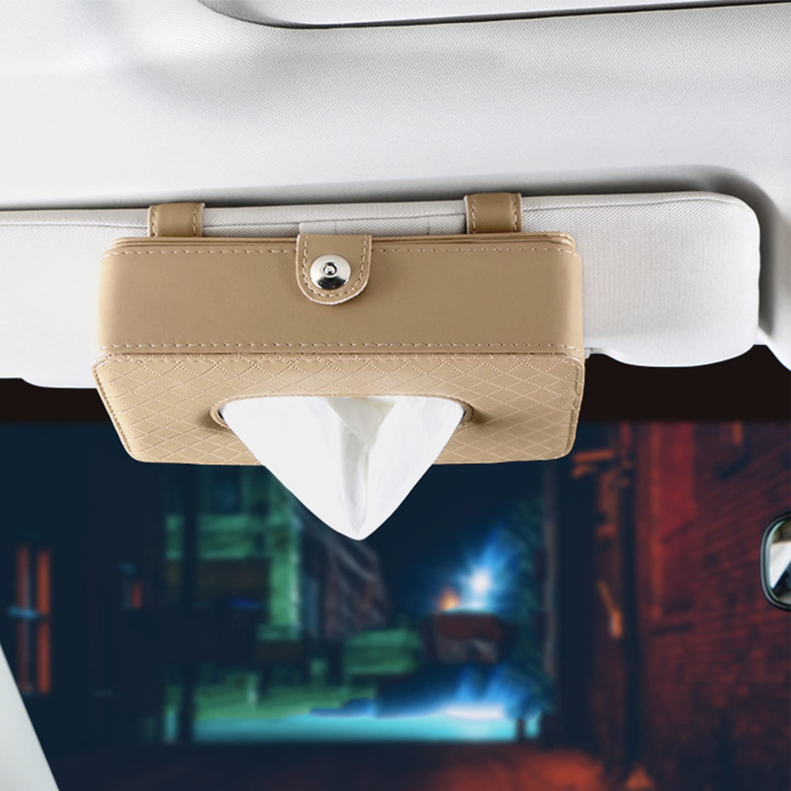 Premium Leather Beige Car Visor Tissue Box Holder - Universal Hanging Napkin Organizer for Men & Women - Perfect for Road Trips, Commuting & Daily Car Use