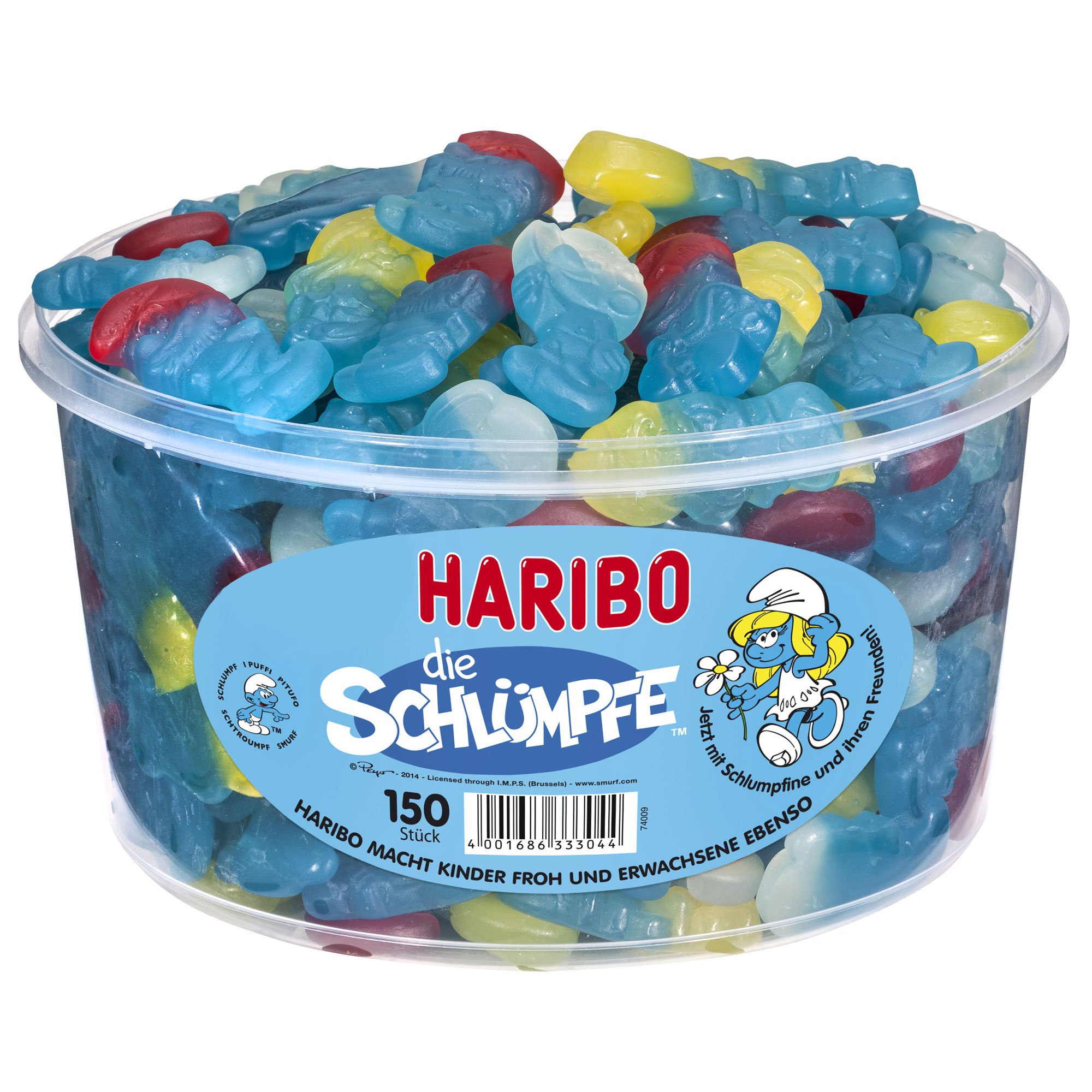 Haribo Smurf Gummy Candy Tub - 150 Pieces | Blue Raspberry Flavor | Bulk Gummy Bears for Parties, Halloween & Movie Nights