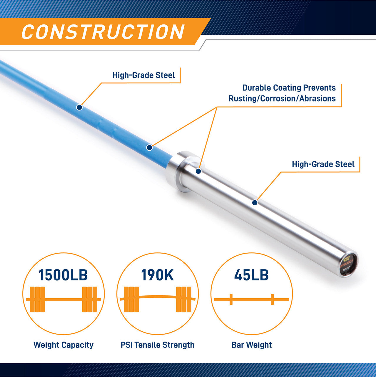 Blue Chrome 45lb Olympic Barbell - SteelBody STB 1501BLC for Weightlifting & CrossFit Training | Durable Steel Construction for Home & Commercial Gyms