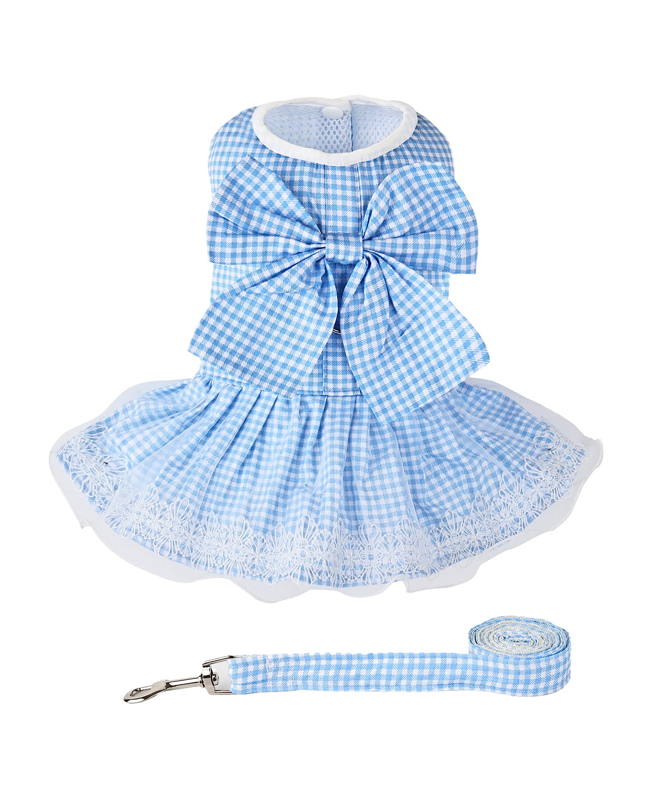 Cute Plaid Dog Dress with Bow & Leash - XS Blue for Small Dogs & Puppies - Perfect for Walks & Parties
