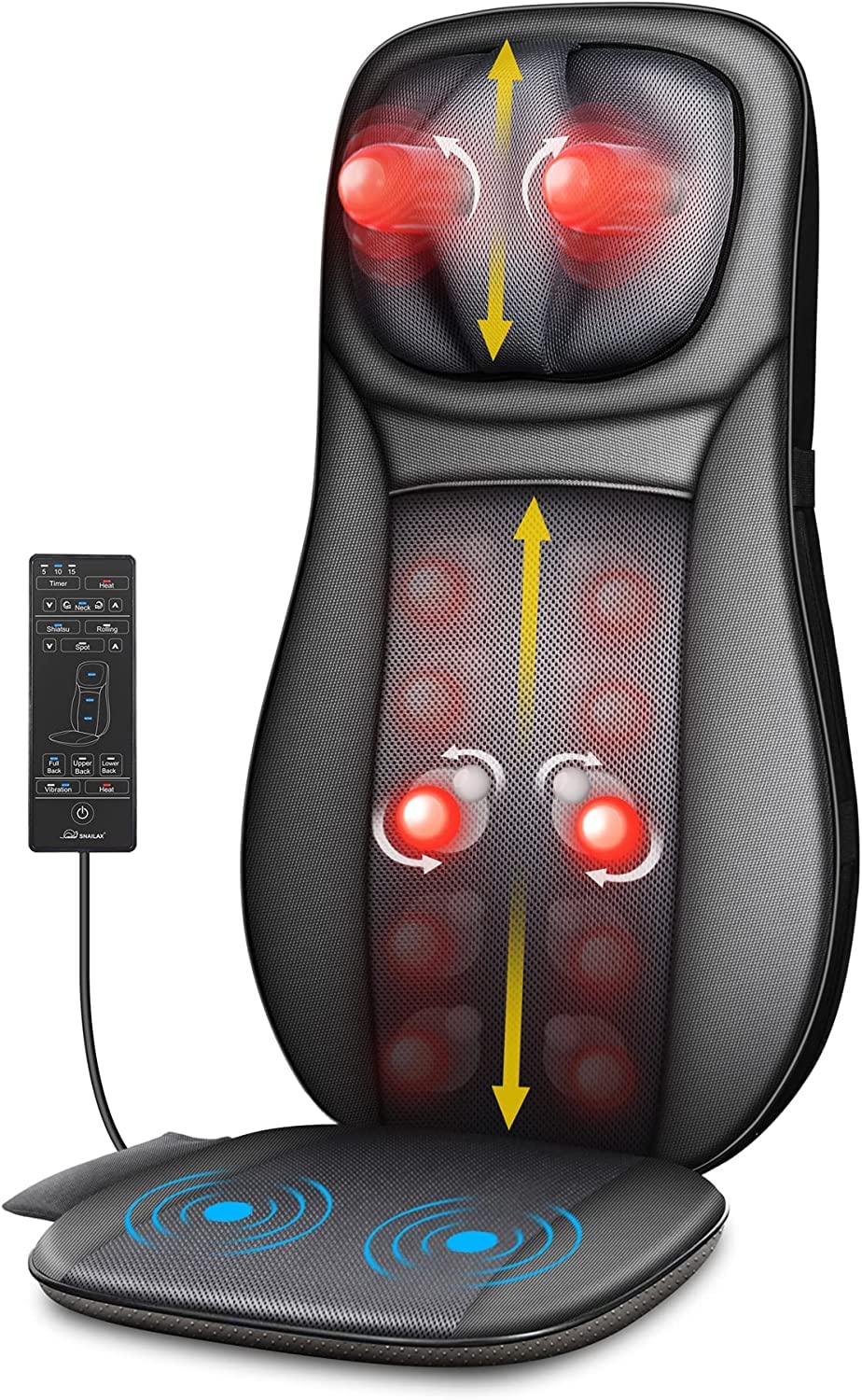 Snailax Shiatsu Massage Chair Pad with Heat - Full Body Deep Kneading & Rolling Massage for Neck, Back & Shoulders - Adjustable Height - Perfect Gift for Men & Women - Ideal for Home, Office & Car Relaxation