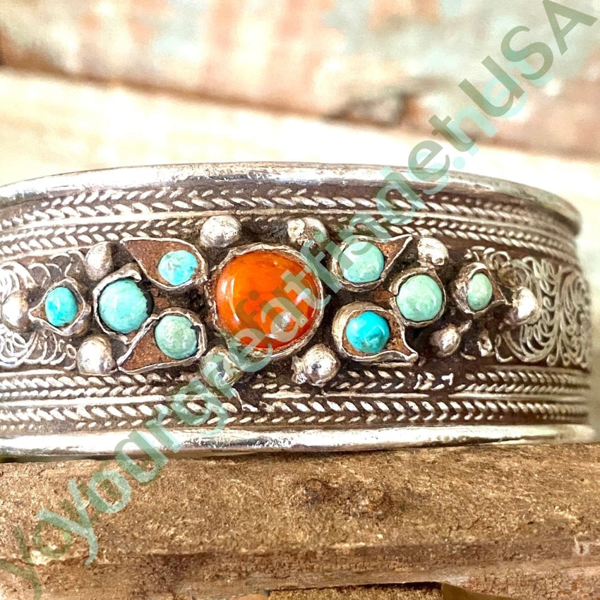 Authentic Sterling Silver Turquoise Coral Tibetan Bracelet with Intricate Dragon Engraving - Perfect for Boho Fashion, Spiritual Healing & Gift Giving
