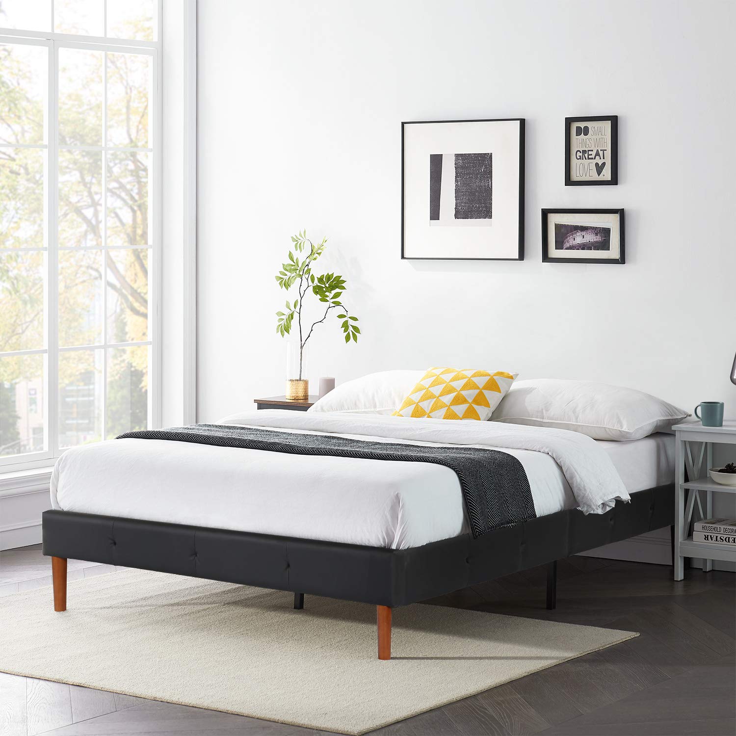 VECELO Premium Faux Leather Upholstered King Size Platform Bed Frame with Strong Wood Slat Support - No Box Spring Needed, Mattress Foundation for Modern Bedroom, Guest Room & Master Suite
