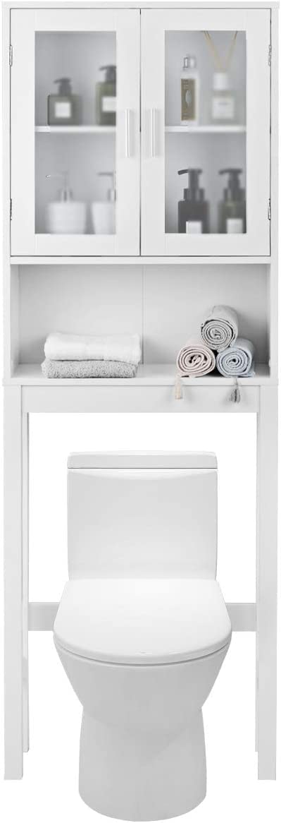 WATERJOY Over The Toilet Storage Cabinet - White Bathroom Organizer with 2 Tempered Glass Doors, Space-Saving Toilet Shelf for Towels & Toiletries | Perfect for Small Bathrooms & Apartment Storage