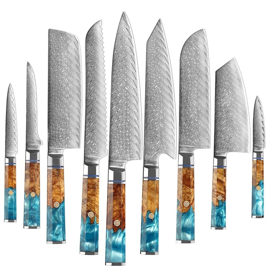 9PCS Professional Damascus Steel Kitchen Knife Set - Chef, Bread, Paring, Santoku, Nakiri Knives - Razor Sharp for Cooking & Food Prep - Perfect for Home Chefs & Culinary Enthusiasts