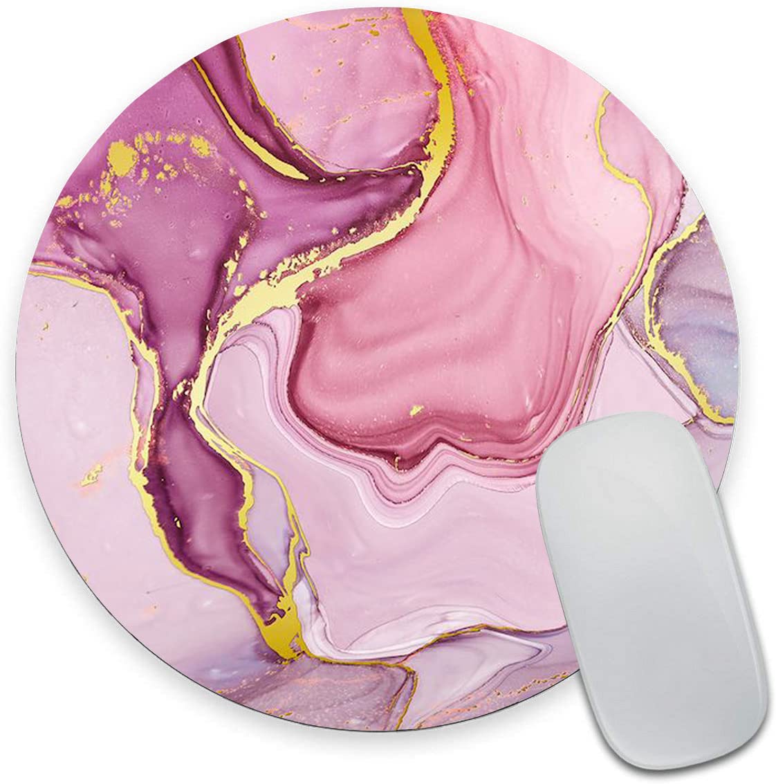 Premium Round Marble Mouse Pad - Non-Slip Rubber Base, Waterproof Office Mouse Mat - 7.9 x 7.9 Inch Pink Marble Design for Women - Perfect for Home, Office & Gaming Desks
