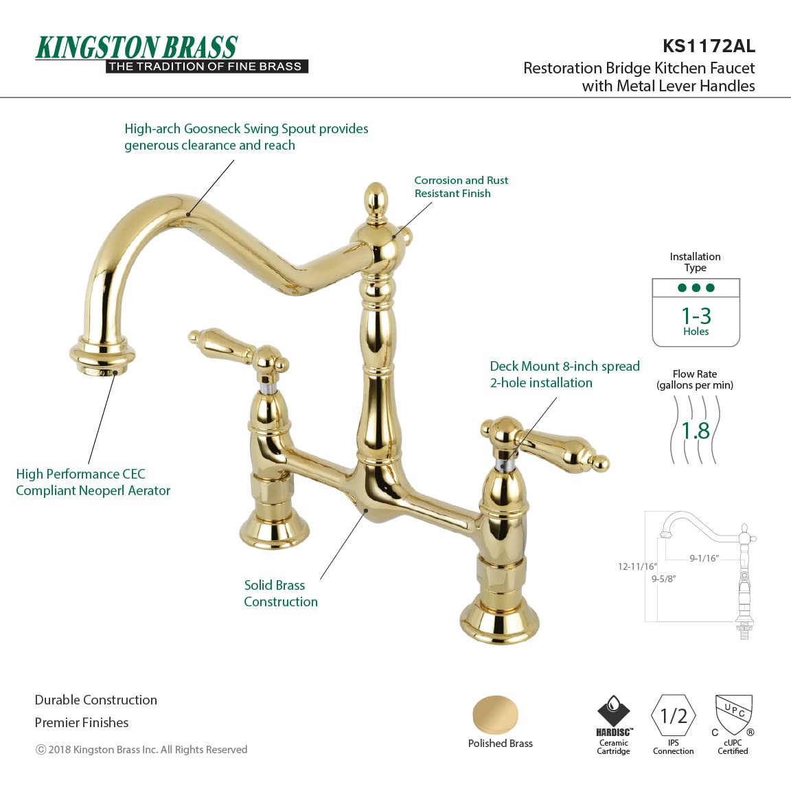 Kingston Brass KS1172AL Heritage Bridge Kitchen Faucet - 13 x 8 x 2.13 Inches, Polished Brass Finish, High Arc Spout, Dual Handle Design - Perfect for Farmhouse, Traditional & Vintage Style Kitchens