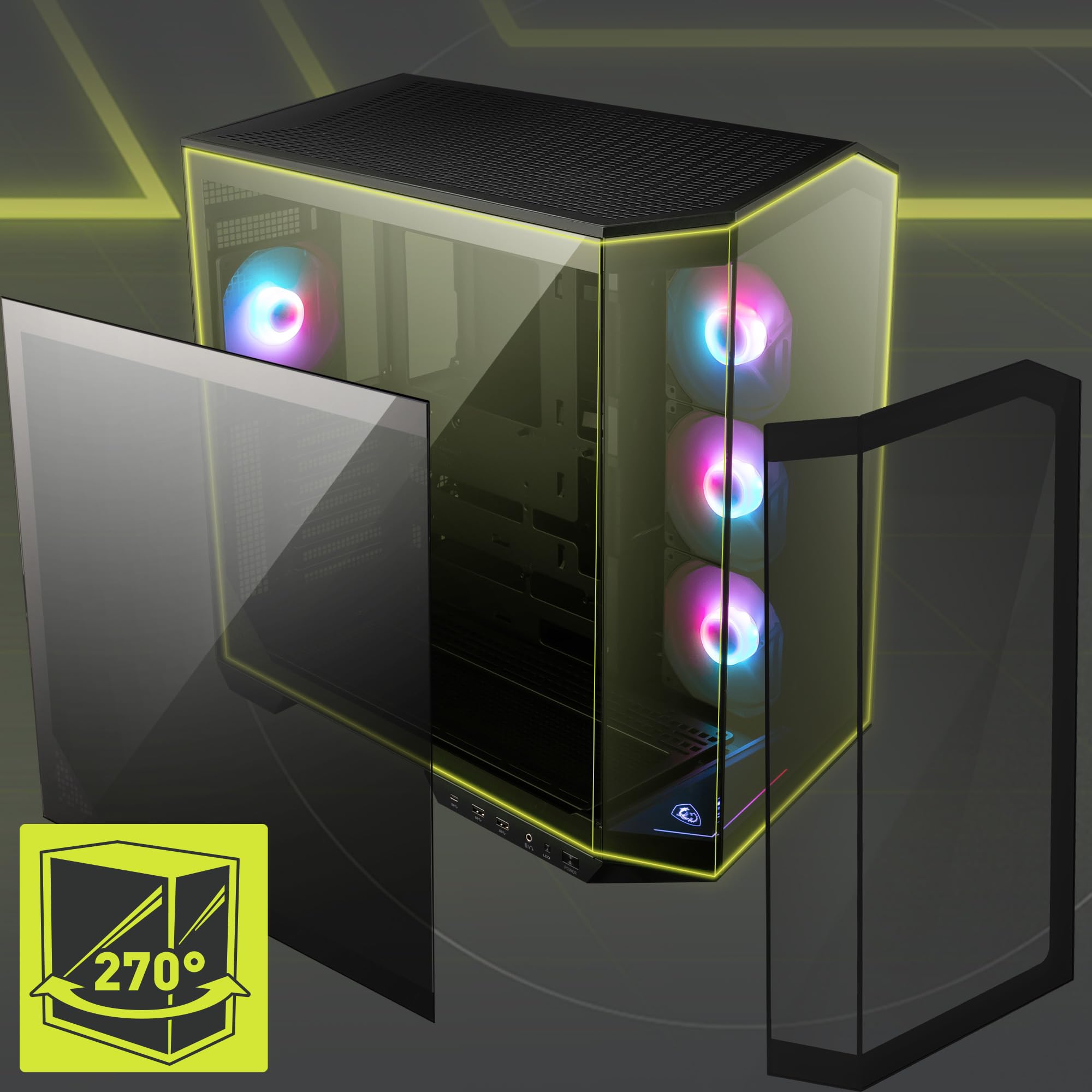 MSI MAG PANO 100R PZ Mid-Tower Gaming PC Case - Premium Black ATX Computer Case with Tempered Glass Side Panel, 120mm ARGB Fans & 360mm Liquid Cooling Support - Perfect for Gaming Setup, Streaming & High-Performance PC Builds