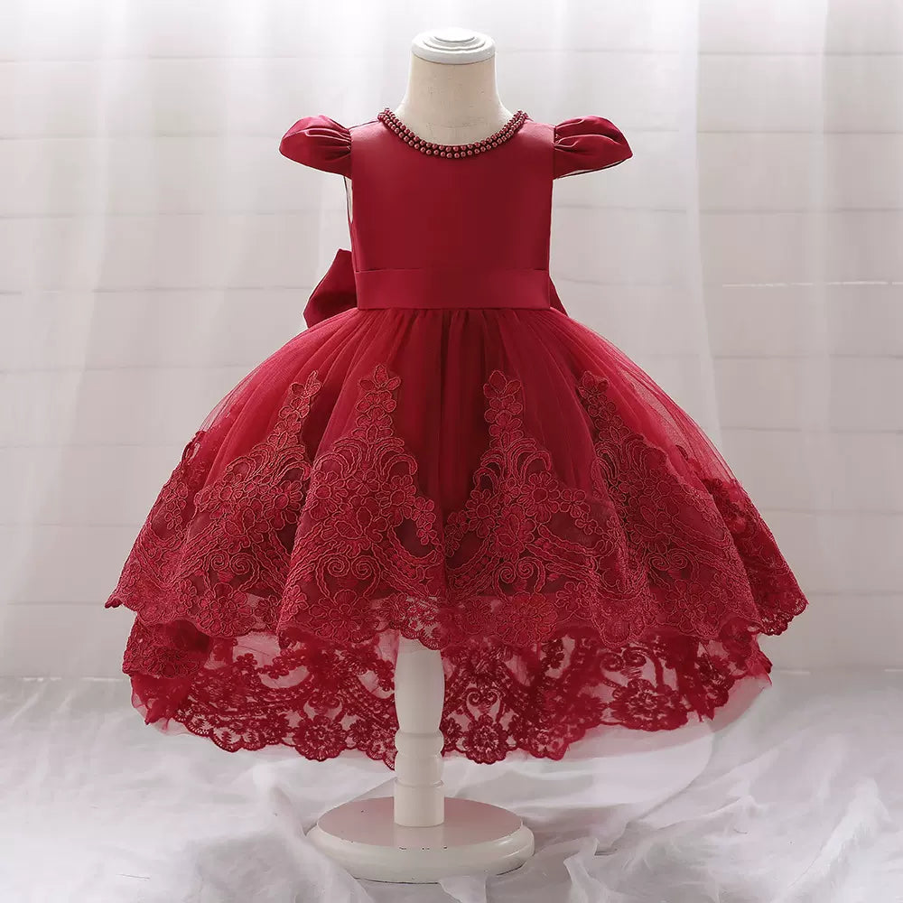 Burgundy Princess Jewel Neck Tea-Length Satin Flower Girl Dress for Weddings, Pageants & Special Occasions