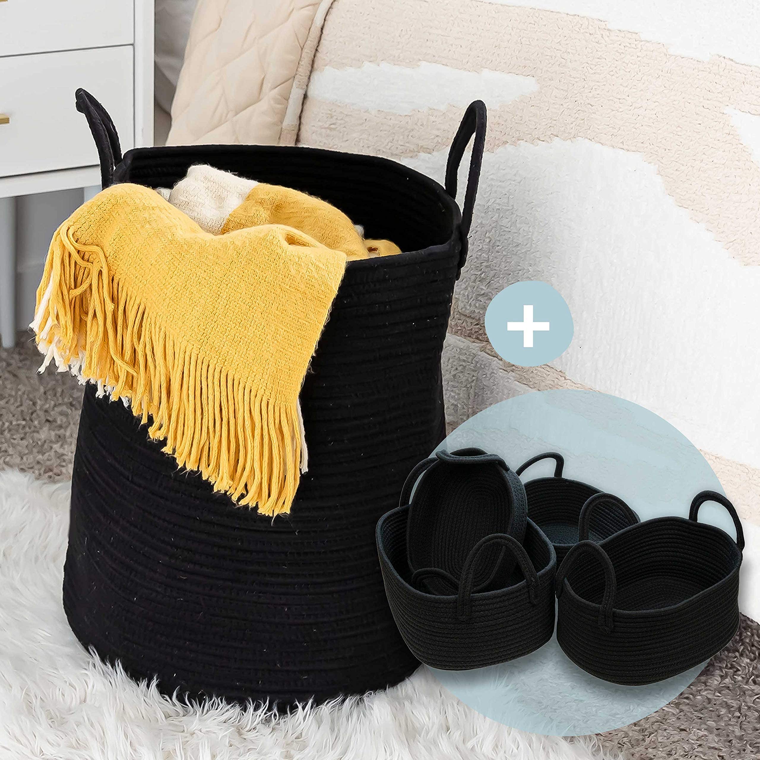OrganiHaus Large Rope Laundry Basket Set - 4 Storage Baskets for Home & Closet Organization - Black