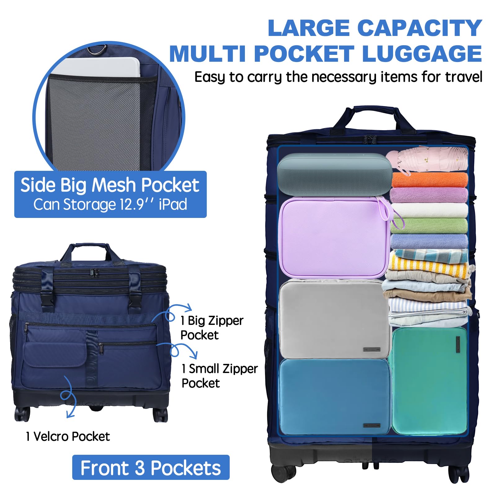 Expandable Collapsible Luggage with Telescoping Handle - Foldable Travel Suitcase with Removable Wheels - Rolling Duffel Bag for Men & Women - Perfect for Air Travel, Business Trips & Weekend Getaways