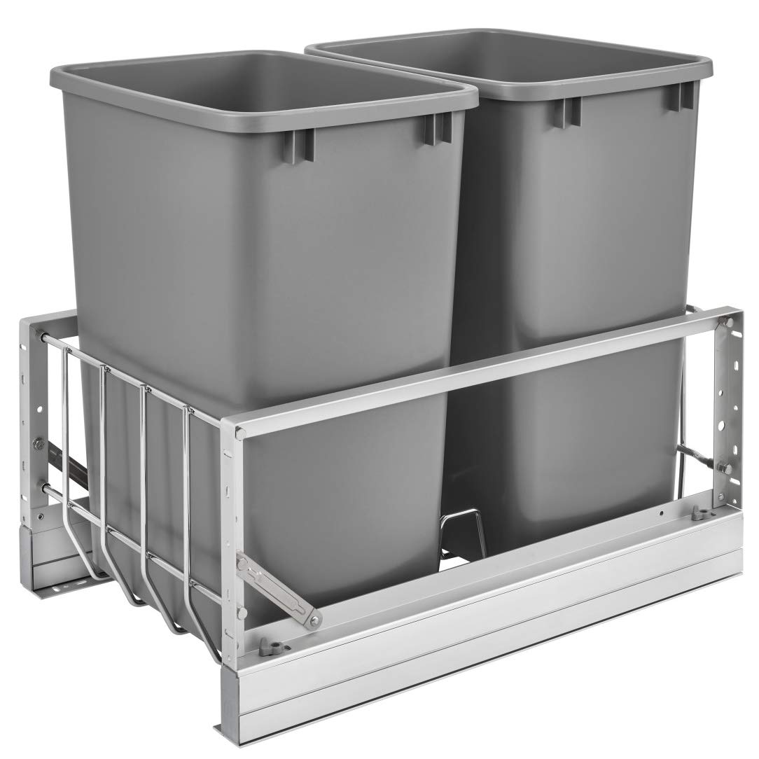 Rev-A-Shelf 5349-18DM-217 35 Qt Pull Out Trash Can - Brushed Aluminum & Silver Waste Bin for Kitchen, Bathroom, or Office Organization